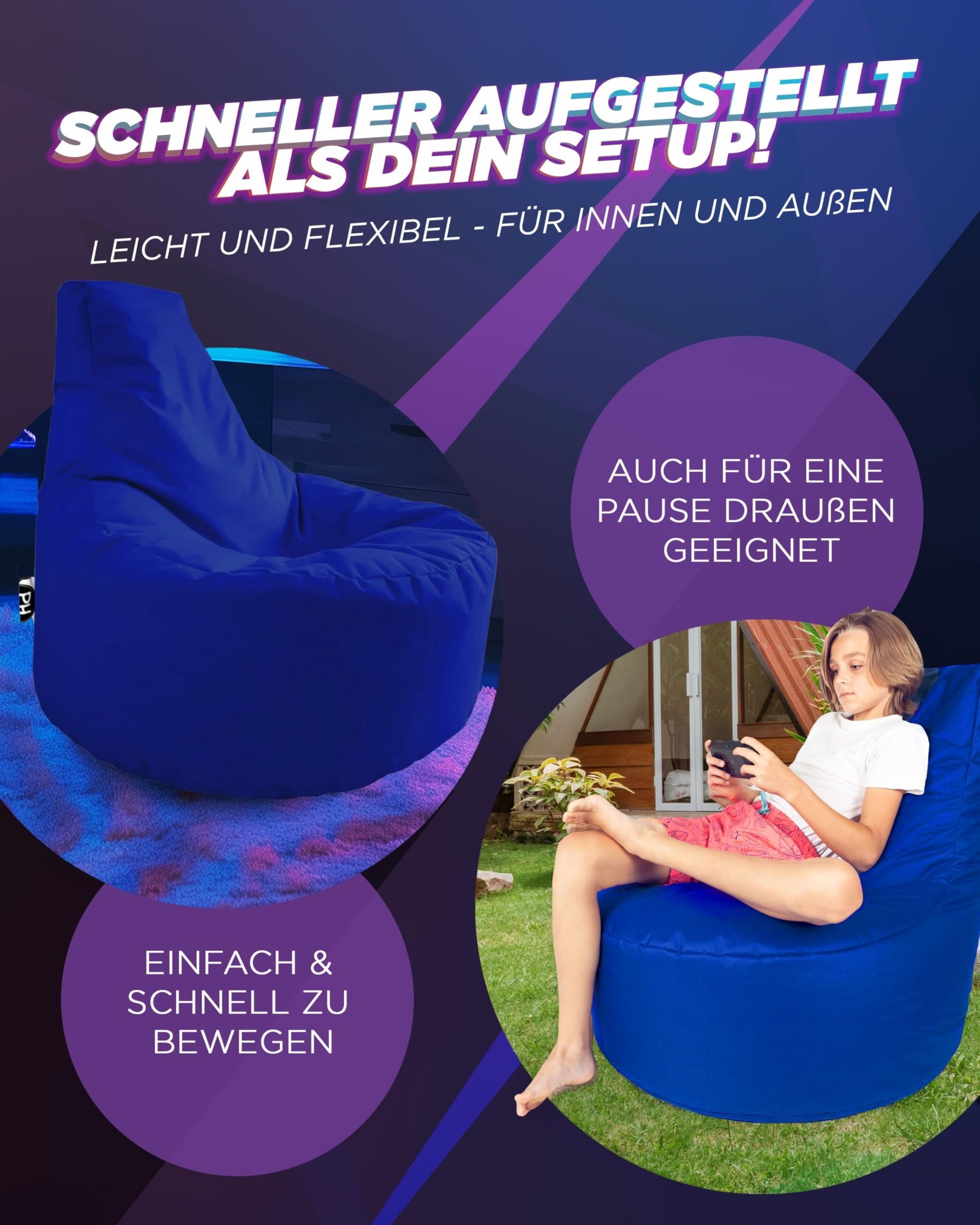 PATCH HOME Gamer Cuscino & Lounge Pouf per poltrona da gaming, pronto con imbottitura in polistirolo, adatto per interni ed esterni (blu, Ø 65 cm x altezza 70 cm)