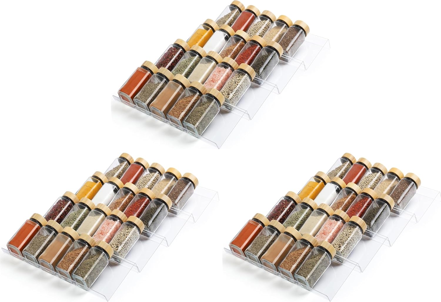 Suneerplay Spice Drawer Organizer 4 Tier, Acrylic Seasoning Organizer Rack, Clear Spice Rack Tray, Kitchen Seasoning Jars Drawers Insert (Jars Not Included/Expandable From 9" to 18") (Pack of 3)