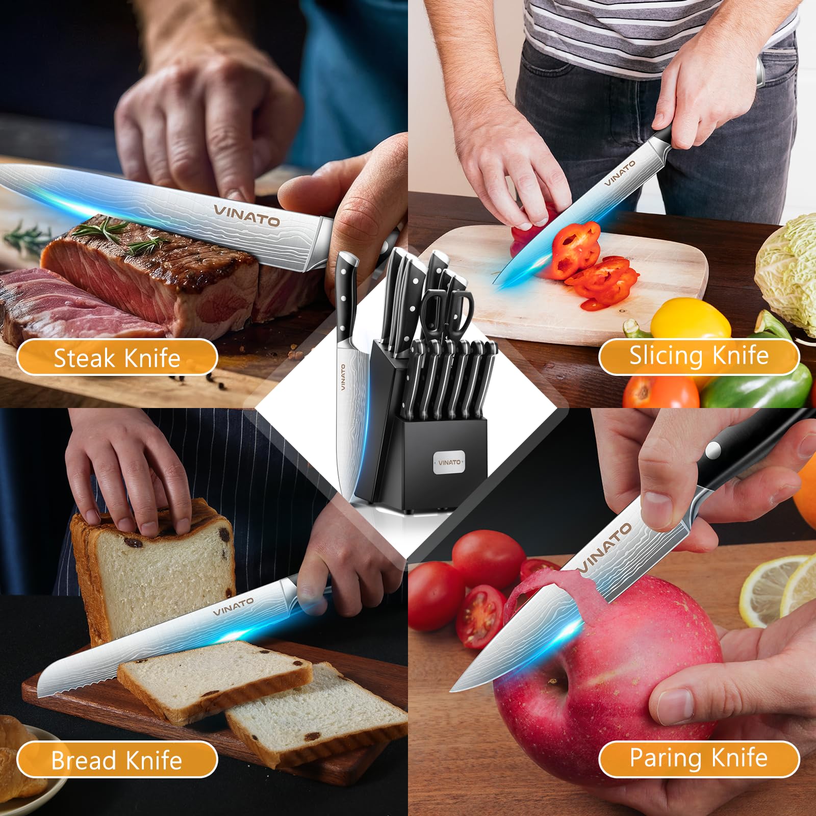 VINATO Couteau Cuisine, Set Couteau Cuisine 14 pièces avec aiguiseur, Set de couteaux de cuisine avec optique damassée, Bloc à couteaux avec couteau tranchant Profi Kochmesserset