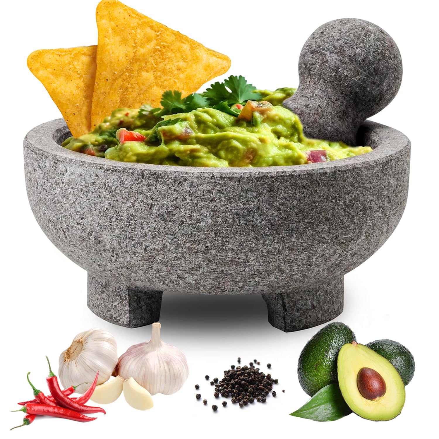 WhiteRhino Juego de mortero y pilón, 4 tazas de granito natural sin pulir Molcajete Mexicano, cuenco de guacamole extra grande de 8 pulgadas, molinillo de piedra de pilón Motar para guacamole, salsa,