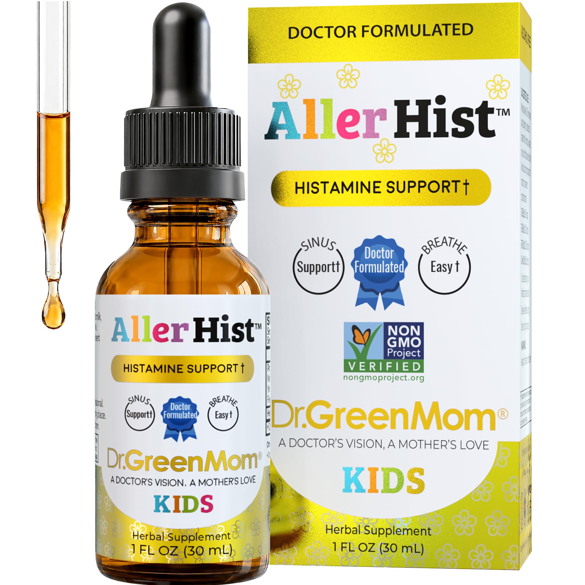 Dr. Green Mom Aller D-Hist Kids | Runny Nose & Itchy Watery Eye Support Drops | Seasonal Histamine & Respiratory Support for Kids, Toddlers & Infants | Non-Drowsy | Non-GMO, 1 fl oz