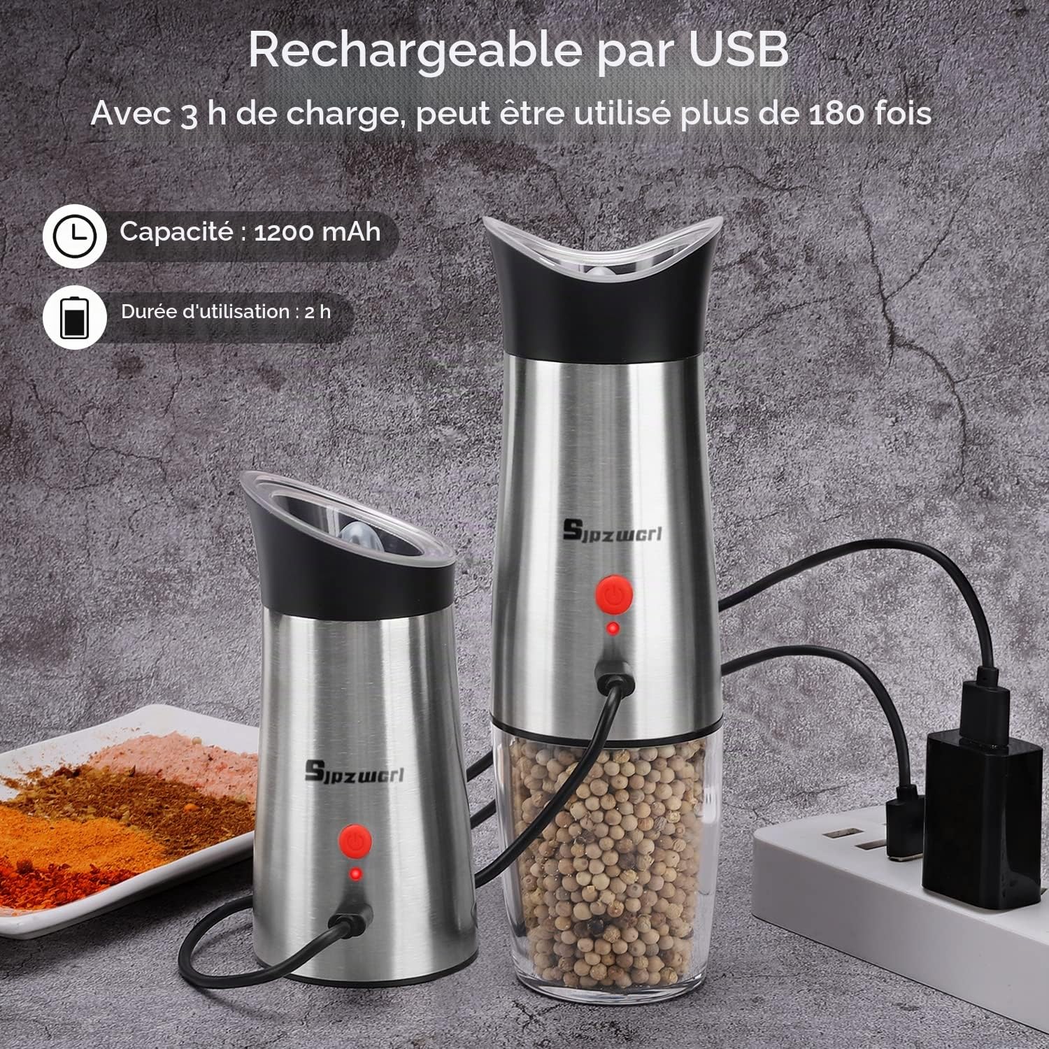 Moulin à Poivre Sel Électrique: Rechargeable USB 170ml Inox | Mouture réglable, gravité, avec éclairage LED. Salière et poivrière automatique