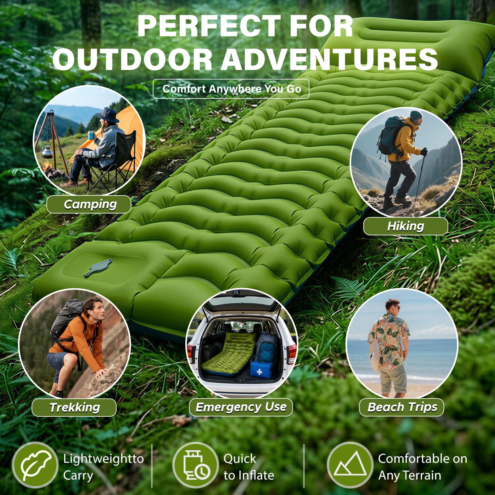 Isomatte Camping, 10CM Aufblasbare Matratze Kompakte, Ultraleicht Camping Luftmatratze mit Kissen & Fußpumpe, Outdoor Campingmatte, Anti-Ripstop Schlafmatte für Wandern, Strand, Reise, Zelt