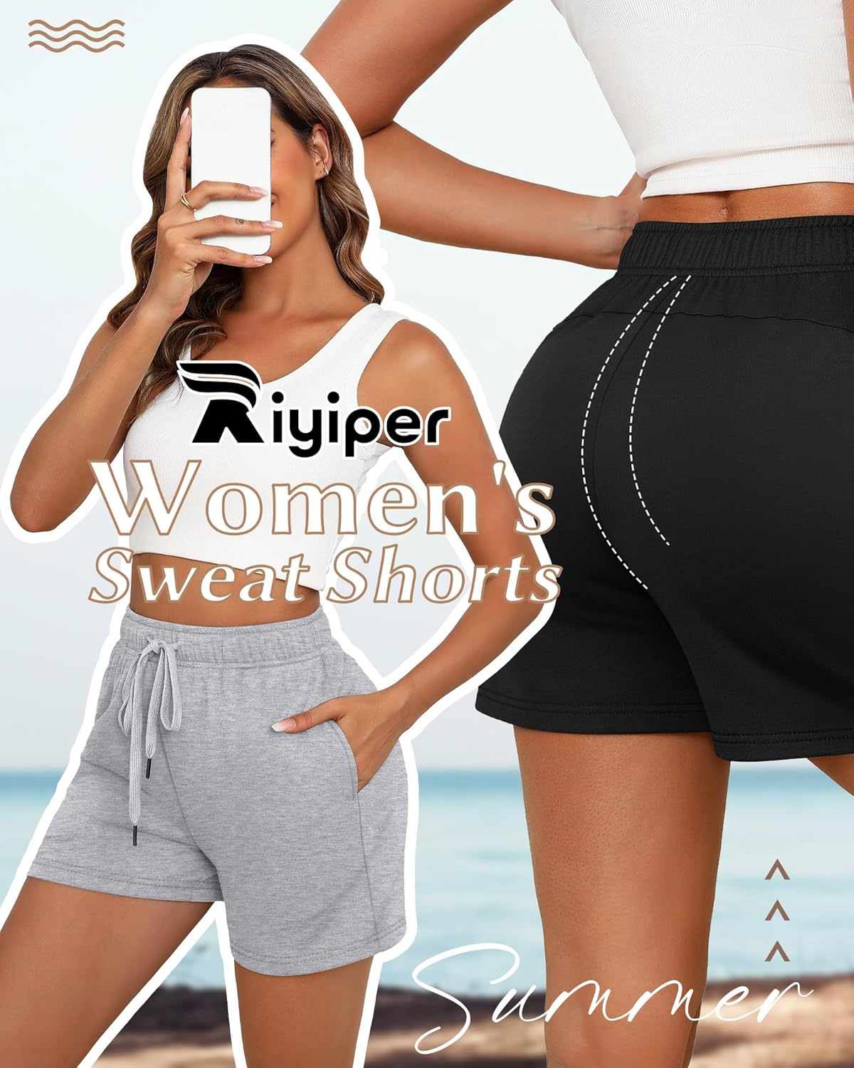 Riyiper 3 Pack Women's Sweat Shorts Drawstring Summer Athletic Elastic Casual Loose Comfy Pants with Pockets - Image 3