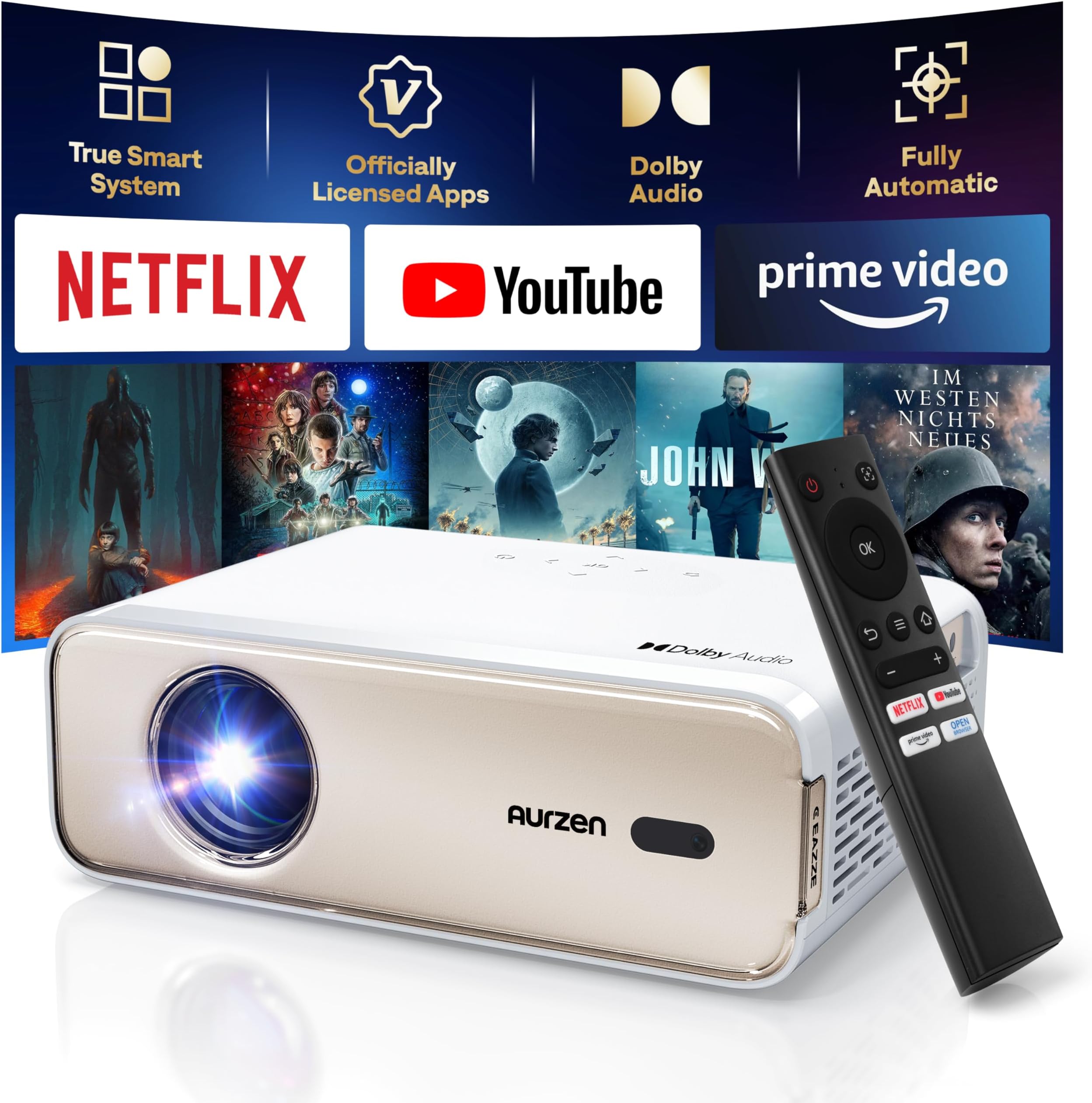 Eazze D1 Smart Projector with WiFi and Bluetooth, Netflix-Officially-Licensed, Auto Focus & Keystone, DoIby Audio, Zoom, Native 1080P Movie, Portable Outdoor Mini Projector