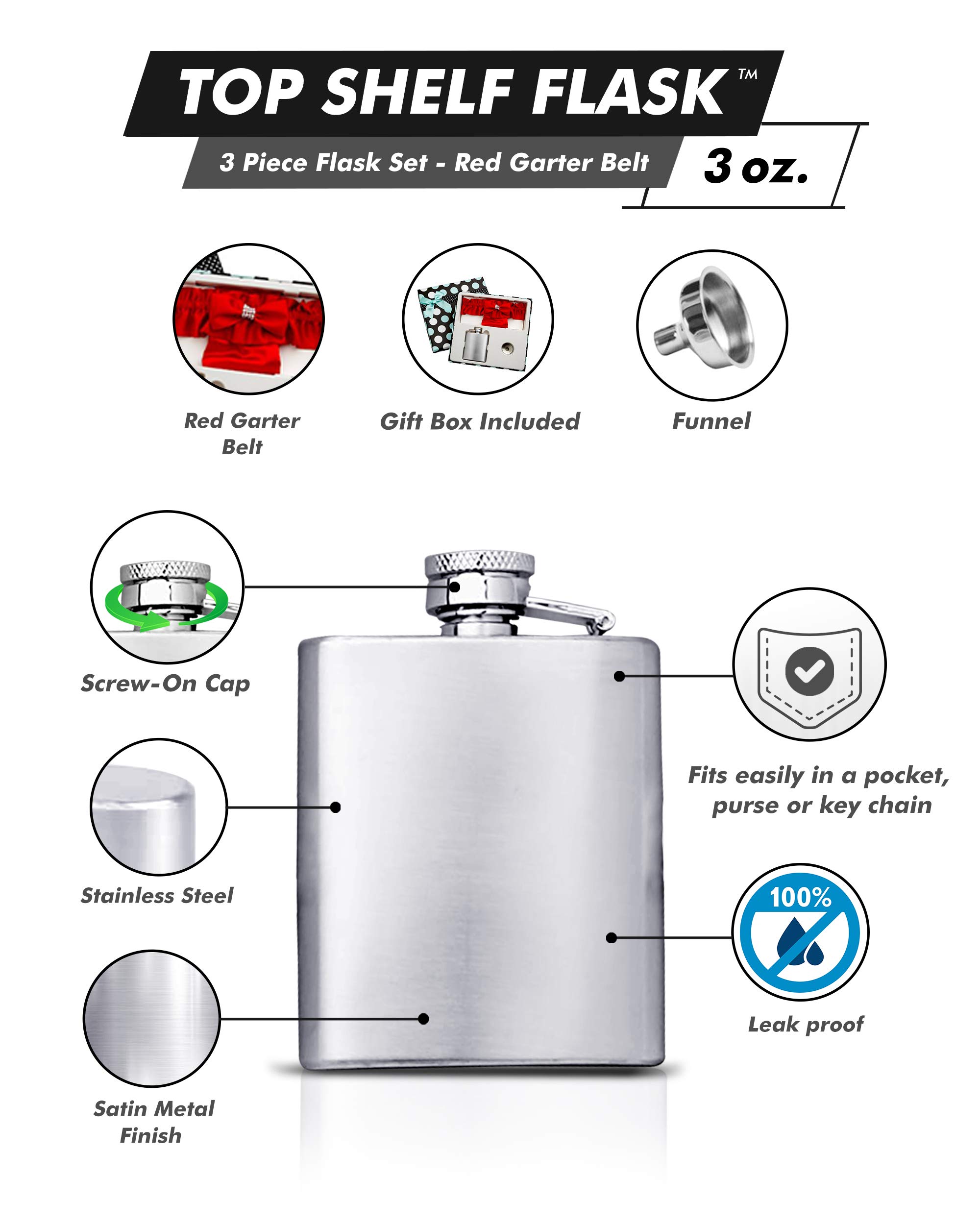 Amazon.com | 3 Piece Flask Set - Red Garter Belt, 3 oz Flask and Funnel -  Front Engravable for Personalized Gift - Stainless Steel, Screw-On Cap,  Leakproof - Gift Box Included: Flasks