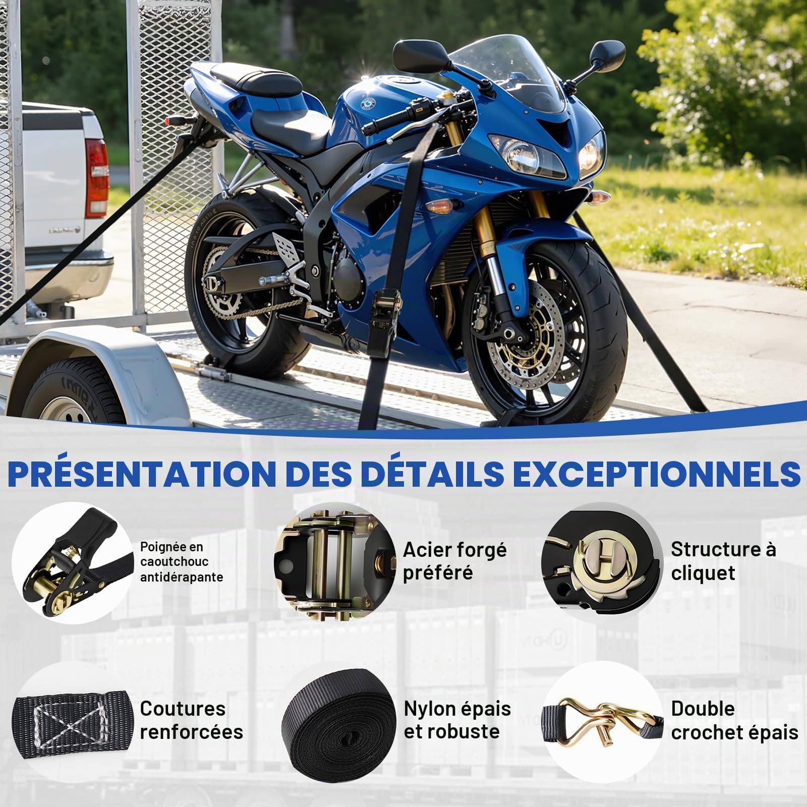 Sangle a Cliquet, 4 Pièces Sangles D'arrimage, 6M x 25MM Sangles à Cliquer, Sangle Arrimage avec Cliquet, pour Moto, Remorque, Camion, Transport de Matériel, Déménagement, Bagage et Camping | Sangle à cliquet avec crochet pour moto, voiture, remorque, tra