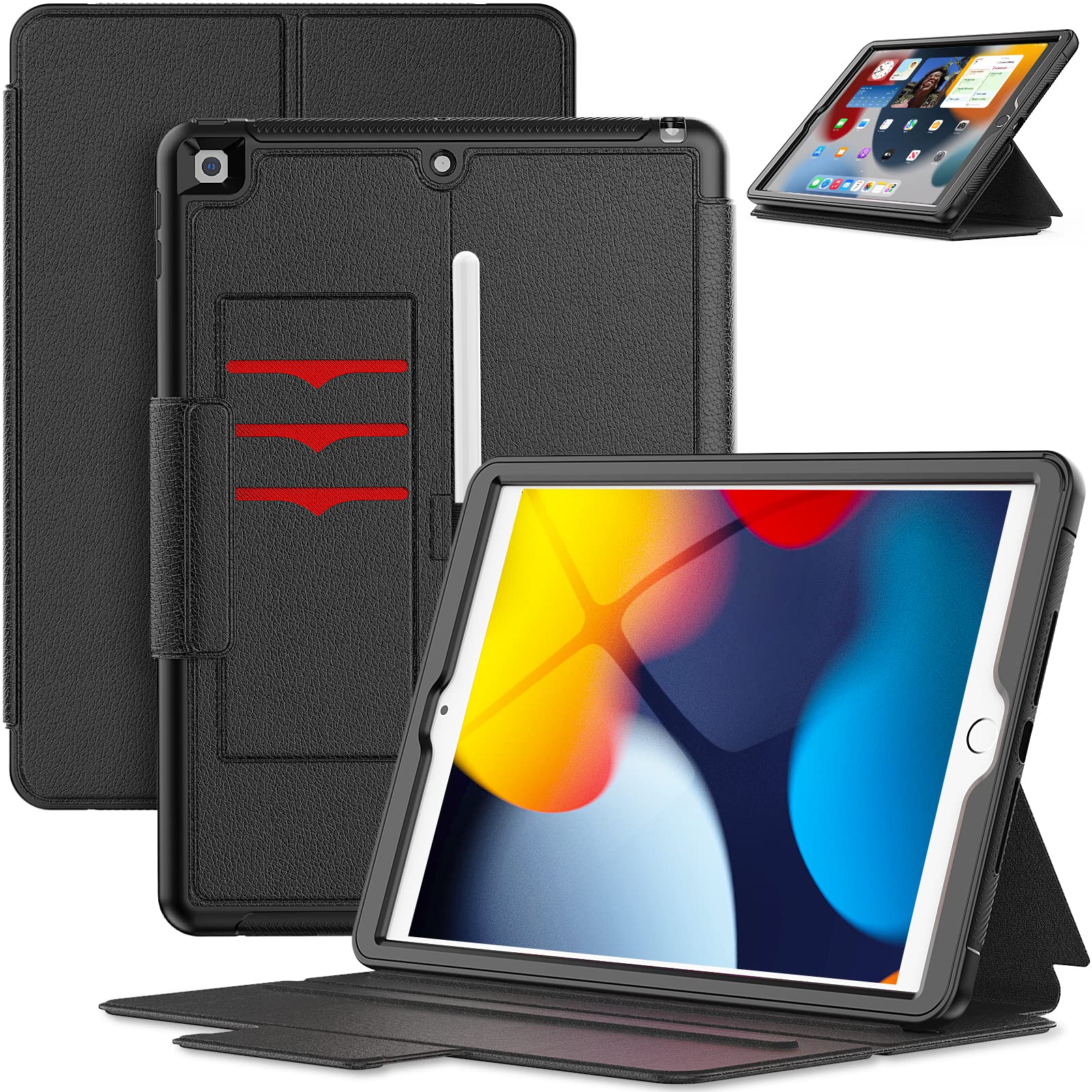 iPad 9th/ 8th /7th Generation Case 10.2'', SEYMAC stock Smart Magnetic Auto Sleep Cover with Card Pocket Steady Stand for iPad iPad 9th/ 8th /7th Generation 2021/2020/2019 - Black