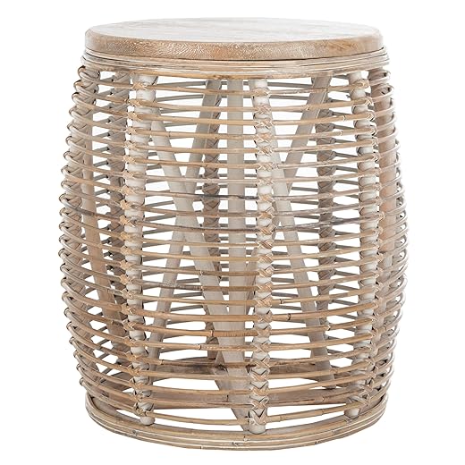 SAFAVIEH Home Collection – Maui Grey & White Washed Rattan Drum Accent Table Stool, Fully Assembled (STL6500A)