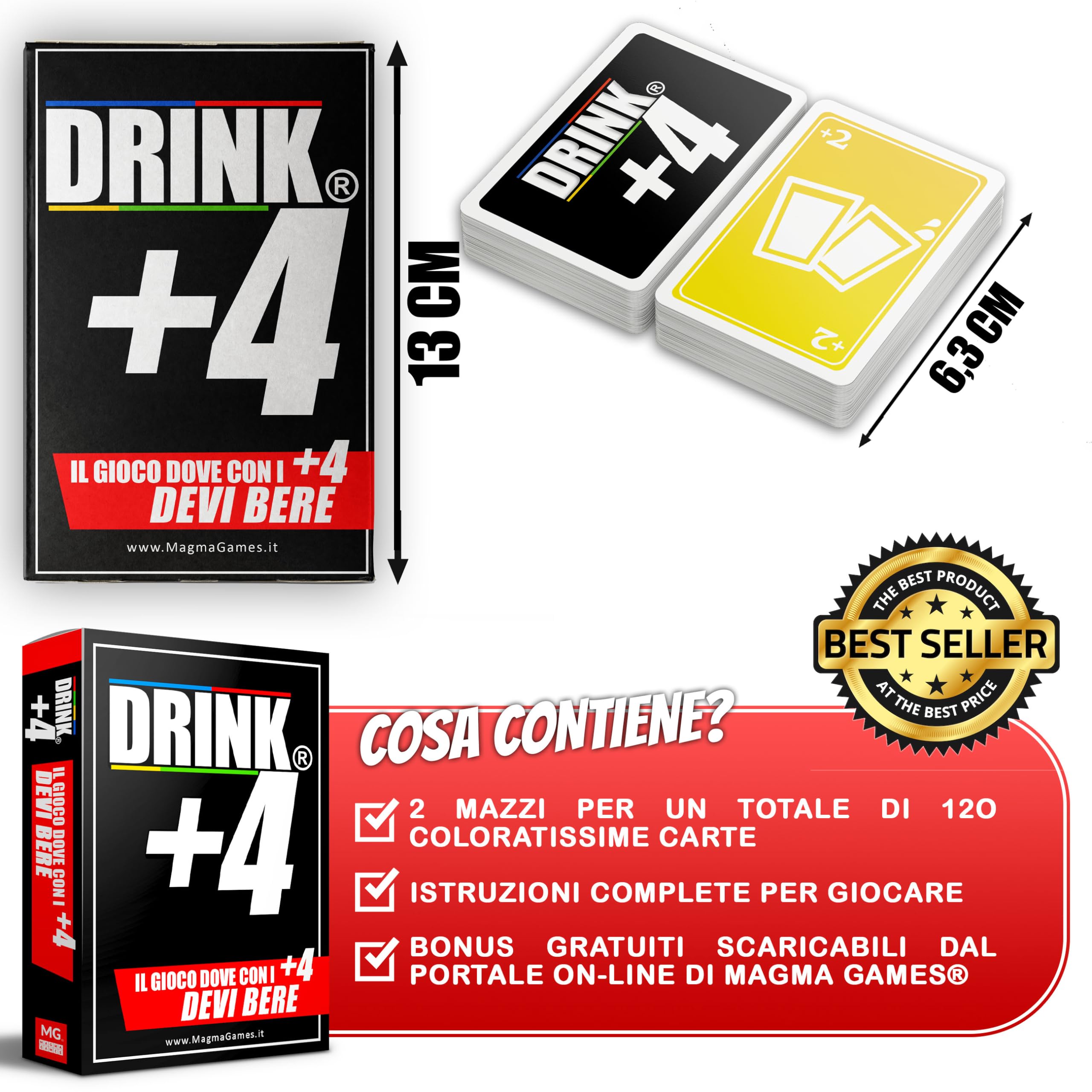 Magma Games DRINK +4 - Giochi Alcolici da uno a +12 Giocatori, Gioco Alcolico per Adulti con Carte Divertenti, Drinking Game da Sbronzami con Shottini per Addio al Nubilato, Celibato, Feste, Roulette