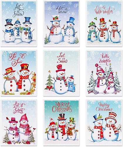 Layhit 9 paños de cocina de Navidad, paños de cocina de invierno con muñeco de nieve Let It Snow Cleaning Paños de cocina sueca de Navidad para