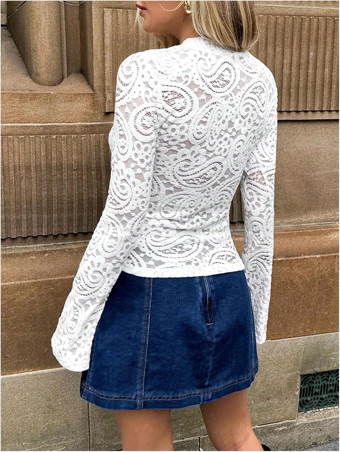 GORGLITTER Women's Mesh Lace Long Sleeve Shirts Cropped Sheer Crew Neck Fitted Going Out Tops - Image 2