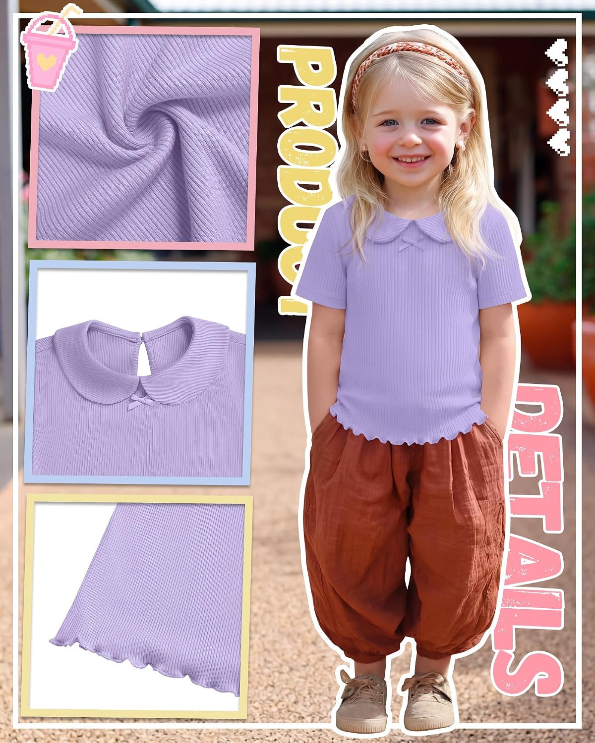 Toddler Girls Short Sleeve Shirts Baby Ribbed Doll Collar Tops Blouses Lettuce Trim Cute Basic Tees 18M-5T