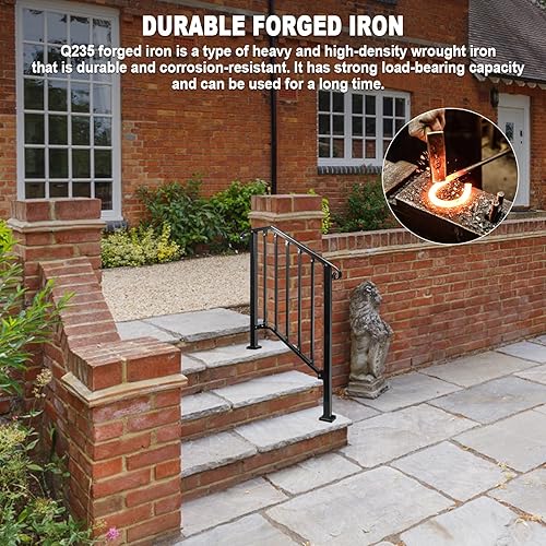 Miniatura 4 de Zwinz Pasamanos ajustables para escalones al aire libre, pasamanos #2 para 2 o 3 escalones, pasamanos de hierro forjado mate, riel de escalera con
