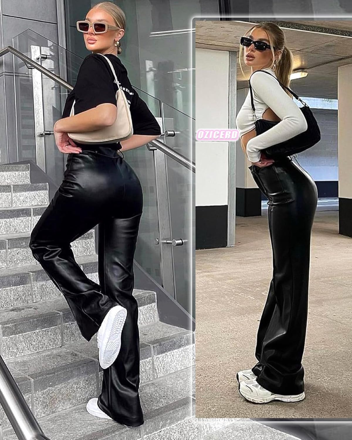 OZICERD Black Faux Leather Pants for Women High Waisted Flare Leggings Straight Wide Leg Pleather Pants with Pockets - Image 6