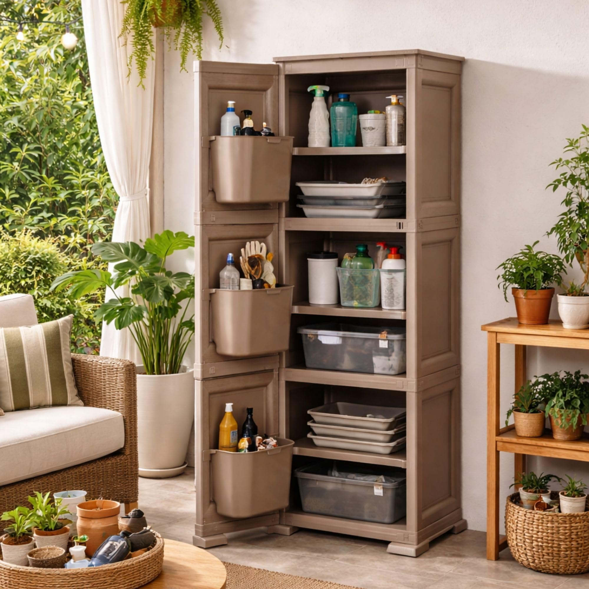 Armadio a Colonna in Plastica 40 x 43 x 125 cm con 3 Moduli, Anta e 3 Tasche Laterali – Mobile Multiuso Salvaspazio per Organizzazione Casa (Taupe)