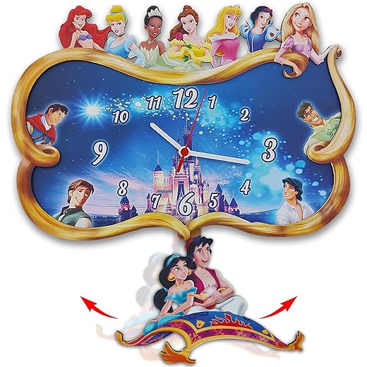 Prince and Princess Themed Swinging Wall Clock, Fairy Tale Wall Clock, Girl Room Wall Art Decor, Princess Girls Bedroom Decor, Magical Characters Clock, Classic Animation Characters.