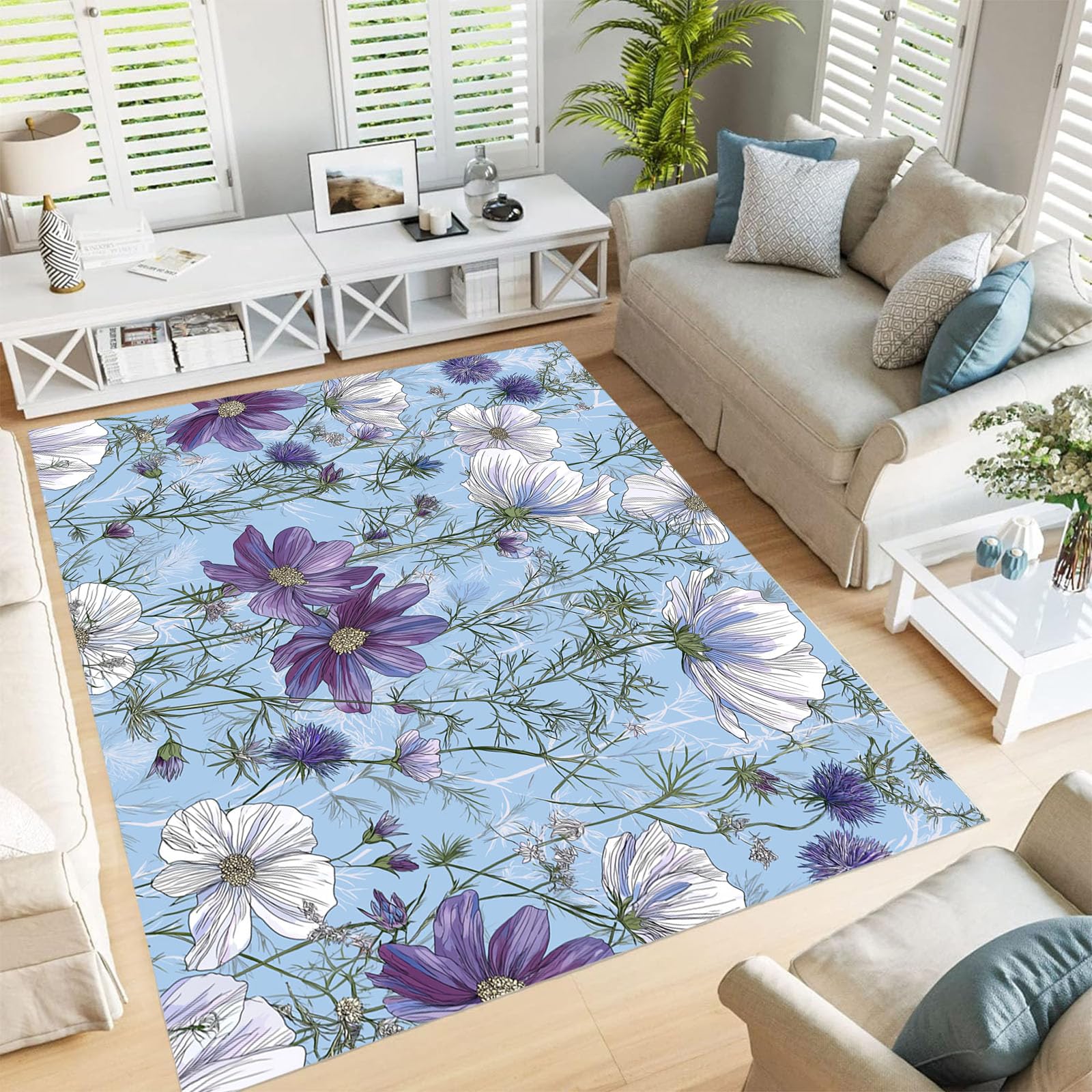 Tapis salon poil ras bleu 60x90cm avec motif botanique campagne
