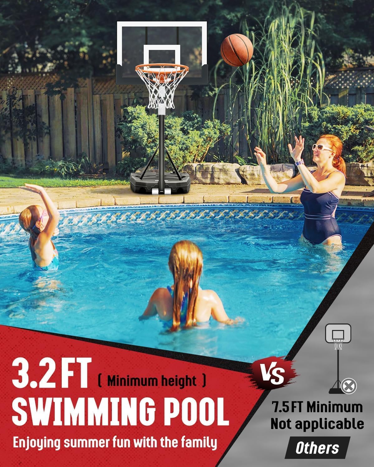 Seray Kids Basketball Hoop Outdoor 3.2-7.2FT 10s-Quick-Adjust, Swimming Pool Basketball Hoop for Kid/Adult/Toddler in Poolside/Backyard/Driveway/Indoor, 29 in Shatterproof Backboard and Enlarged Base