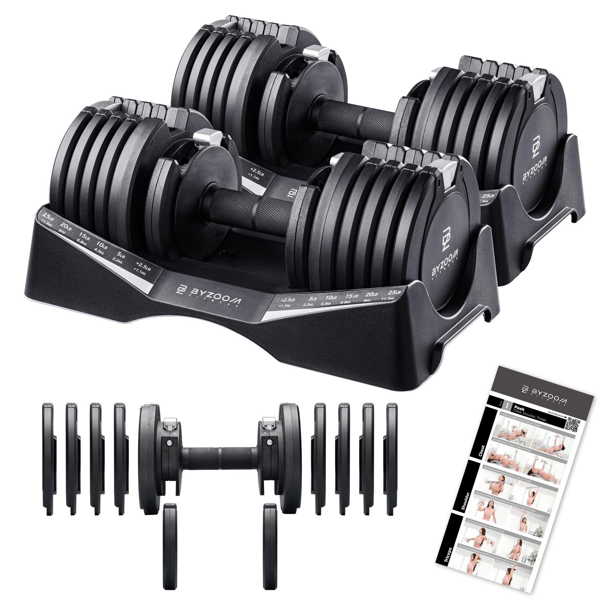 BYZOOM FITNESS Pure Series Adjustable Dumbbell - 12.5/25/27.5/75lb - ONE UNIT OR PAIR(check QTY before purchase) - 5-in-1/ 10-in-1 / 21-in-1 Flexible