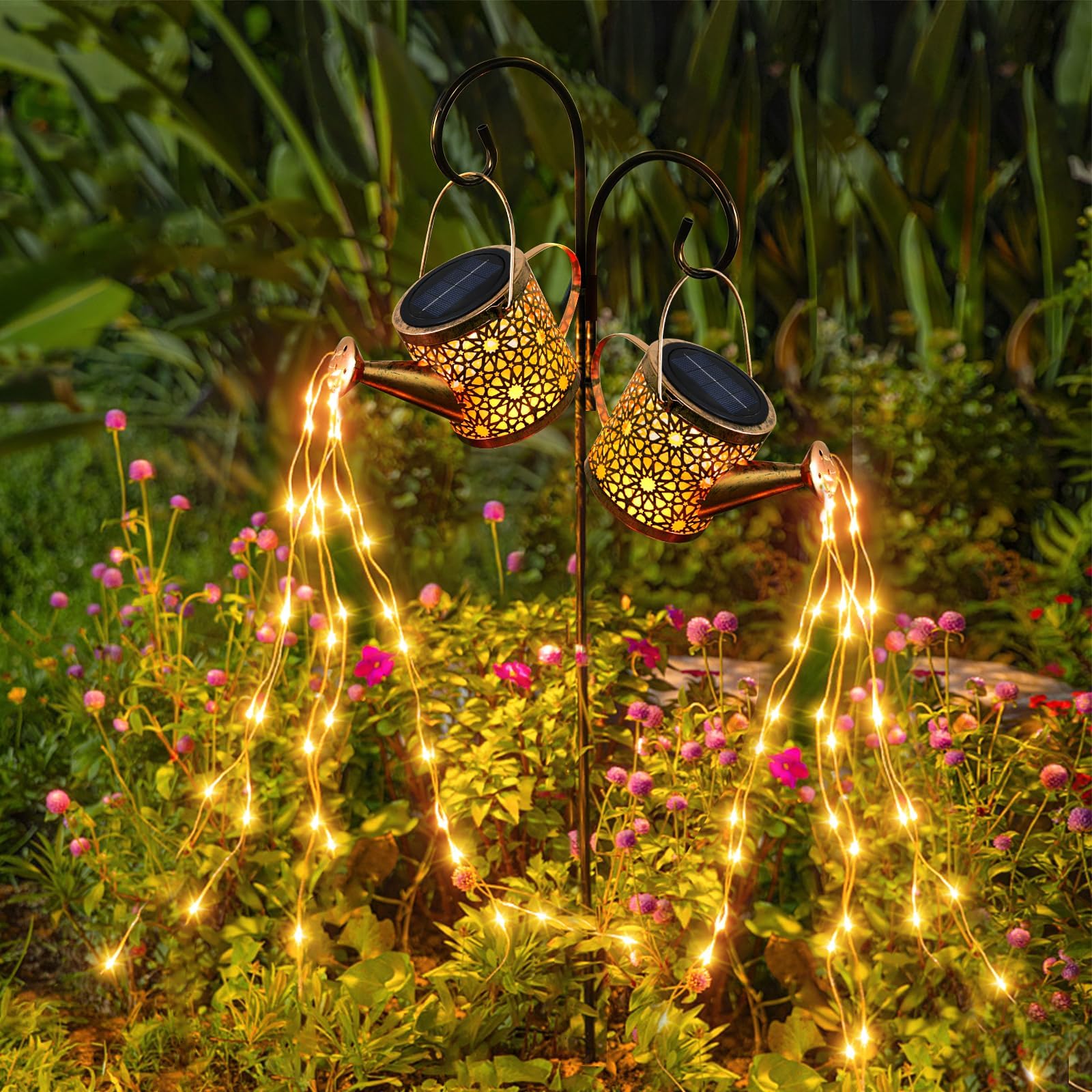Solar Lights Outdoor Decorative, 2 Pack Metal Watering Can Lights Waterproof, Small Hanging Garden Decor Yard Outside Patio Lawn, Gifts for Mom Grandma Women Birthday(Warm White)
