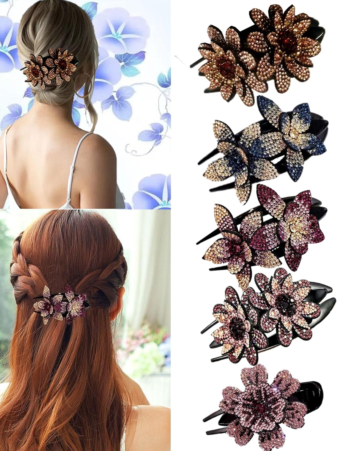 5 Pcs Double Flower Rhinestone Hair Clips fancy decorative hair clip hair