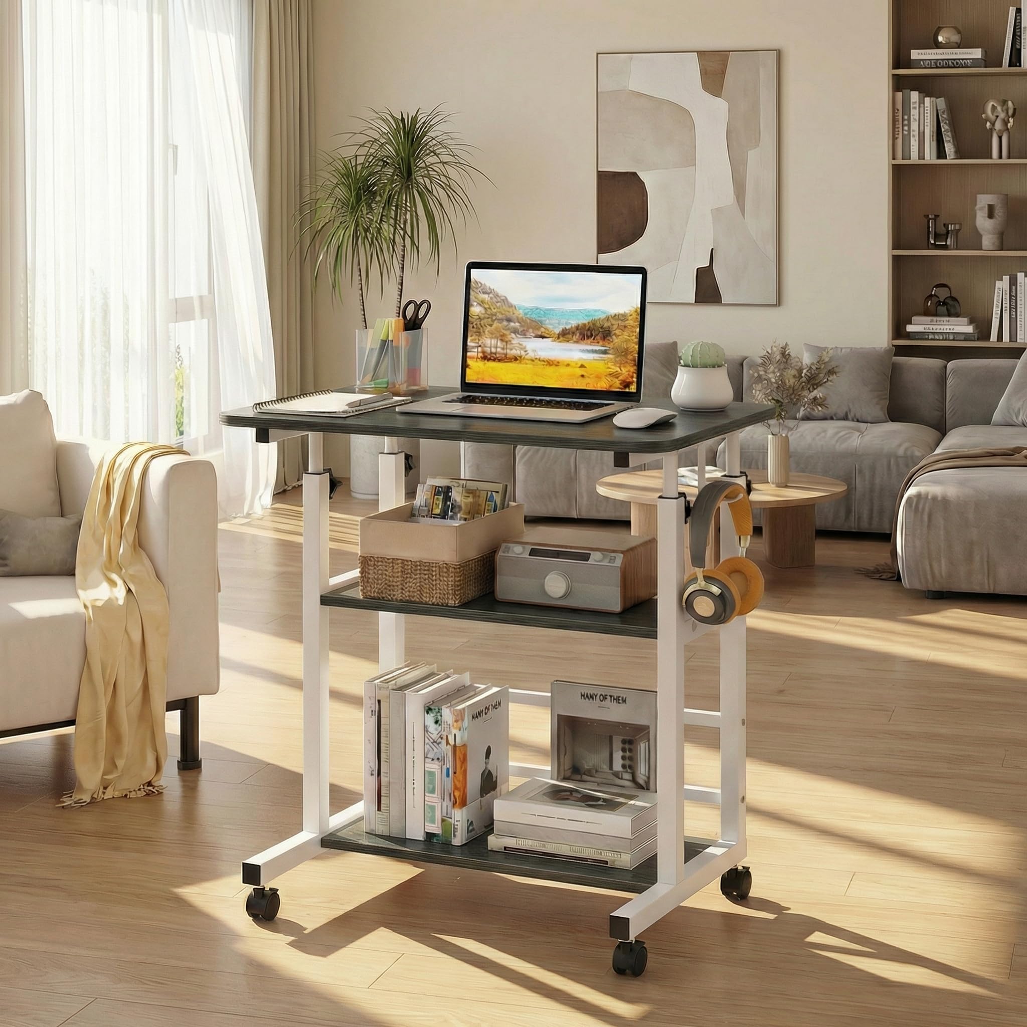 Huracan Höhenverstellbarer Laptoptisch auf Rollen 60×40×56–82 cm, 3 Ebenen, Robuster H-Rahmen, Pflege- & Beistelltisch mit Arretierbaren Rollen, Schwarz Gebürstet