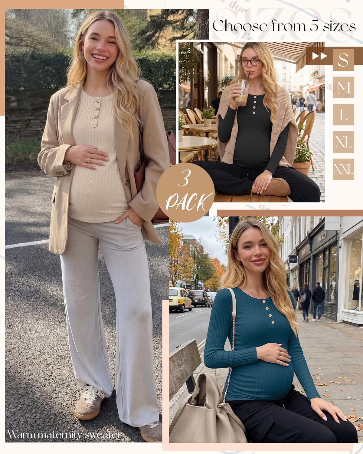 3 Pack Women's Maternity Shirts Henley Long Sleeve Thermal Pregnancy Sweater Ribbed Warm Crew Neck Tops Winter - Image 3