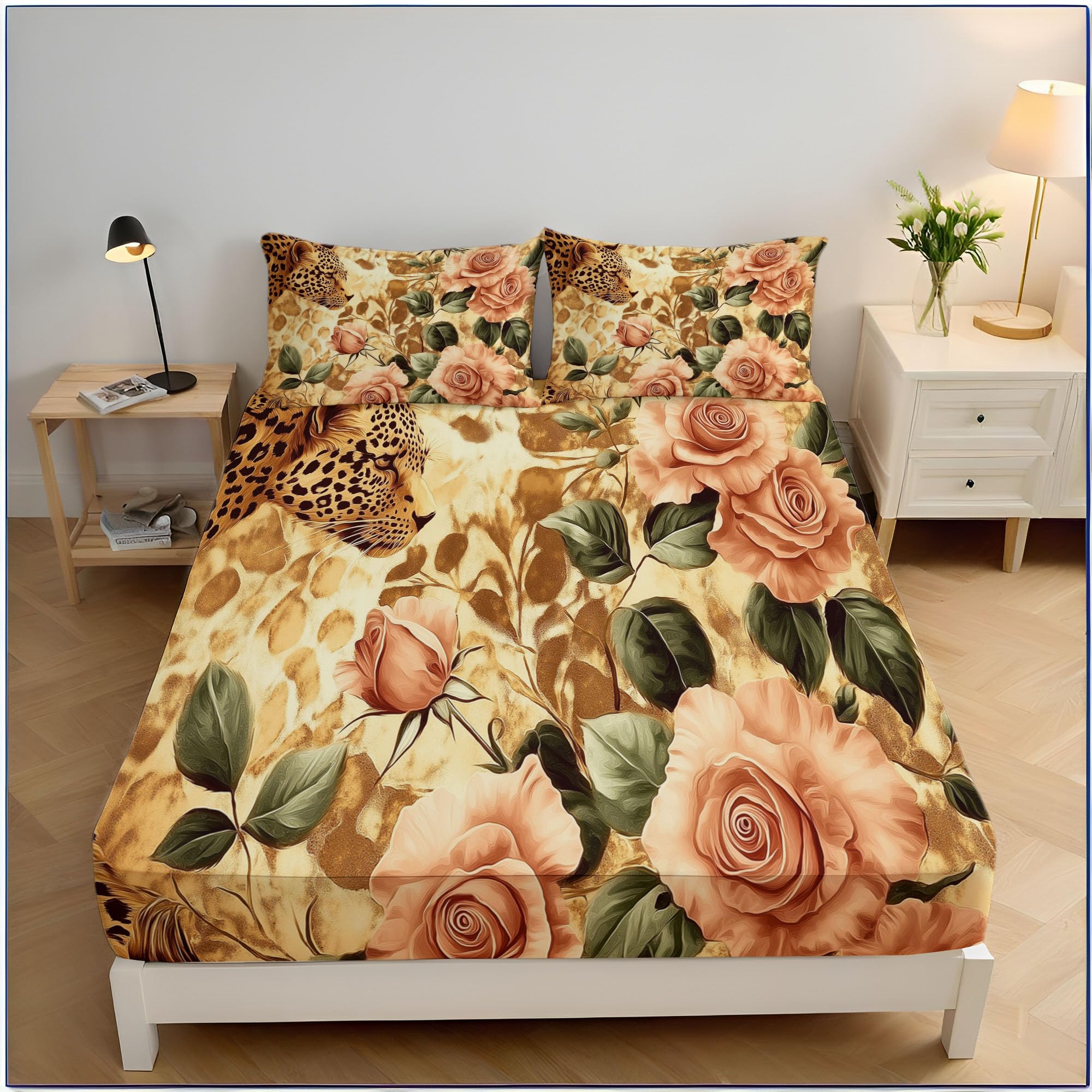 Drap housse matelas épais 90x190 léopard rose avec taies d'oreiller entretien facile