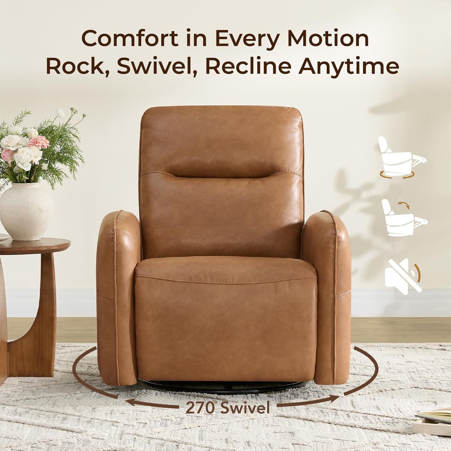 CHITA Faux Leather Power Recliner Chair, Swivel Glider Recliner for Adults, Nursery Rocking Chair with USB & Type-C Charging for Living Room, Bedroom, Camel