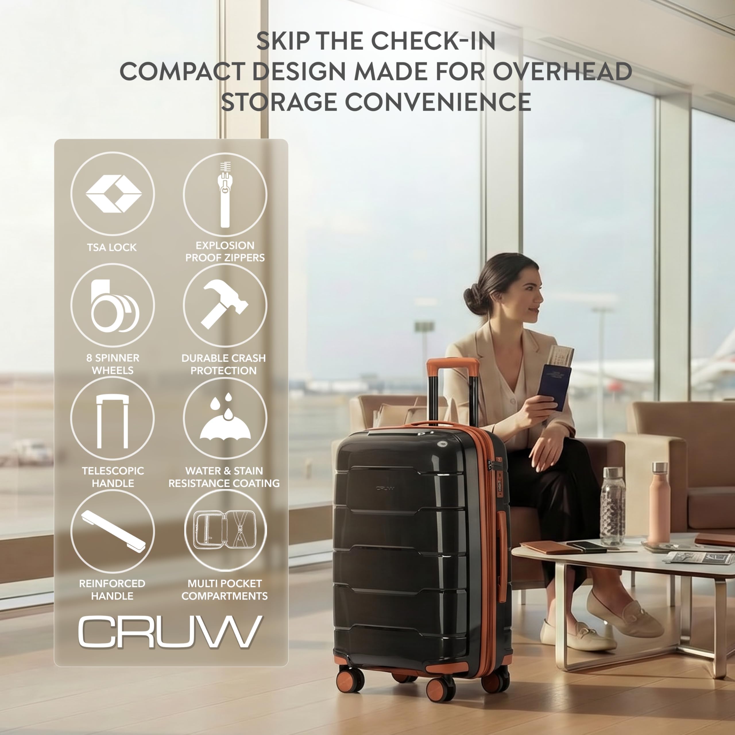 CRUW Hand Luggage 22" Expandable Lightweight Cabin Bag TSA Approved Lock Silent Wheels with Vanity Case Durable Polypropylene Luggage Suitcase Fits 56x45x25cm Overhead Carry On for easyJet.