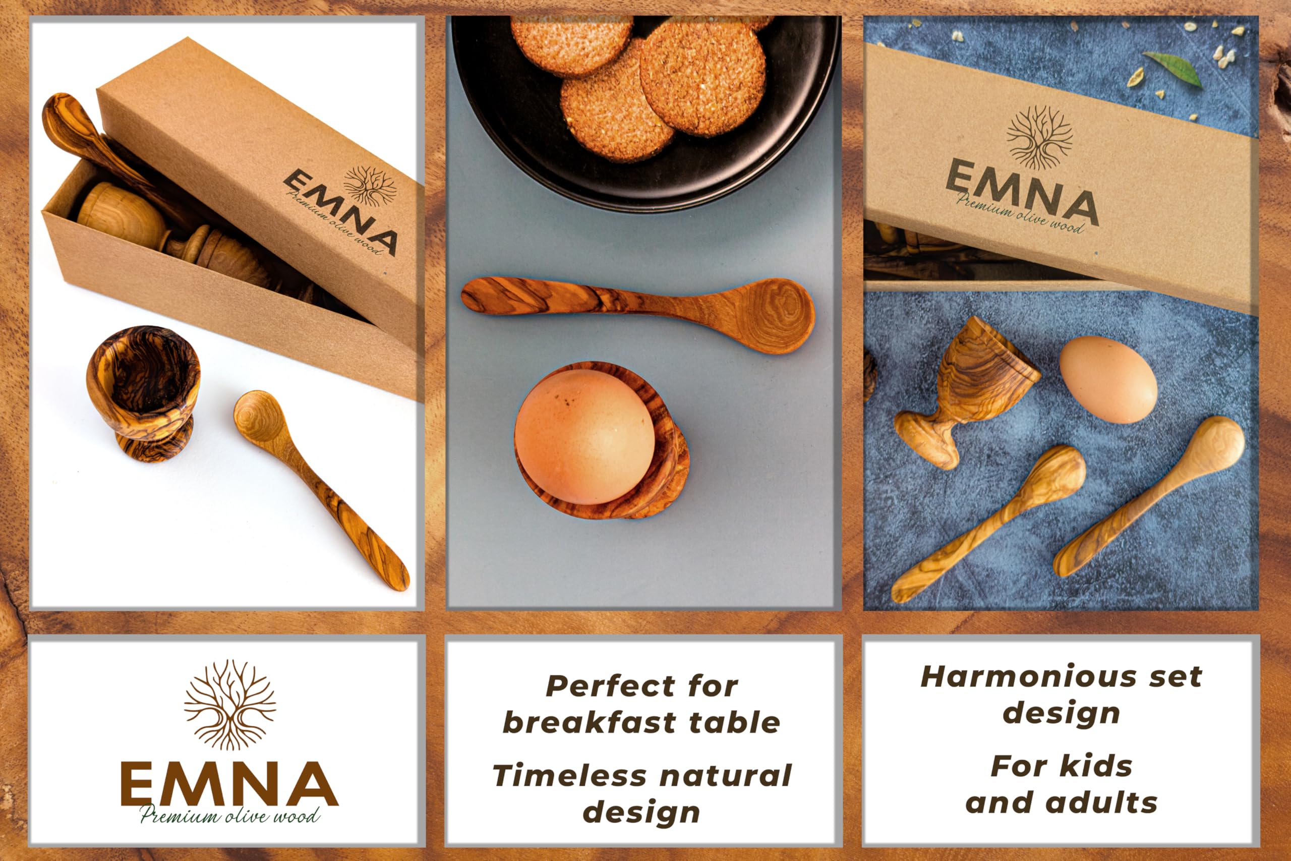 EMNA Lot de 8 coquetiers en bois d'olivier - 4 coquetiers tournés à la main et 4 cuillères en bois - Idée cadeau élégante pour Pâques et Noël - Coffret cadeau exclusif avec certificat d'authenticité