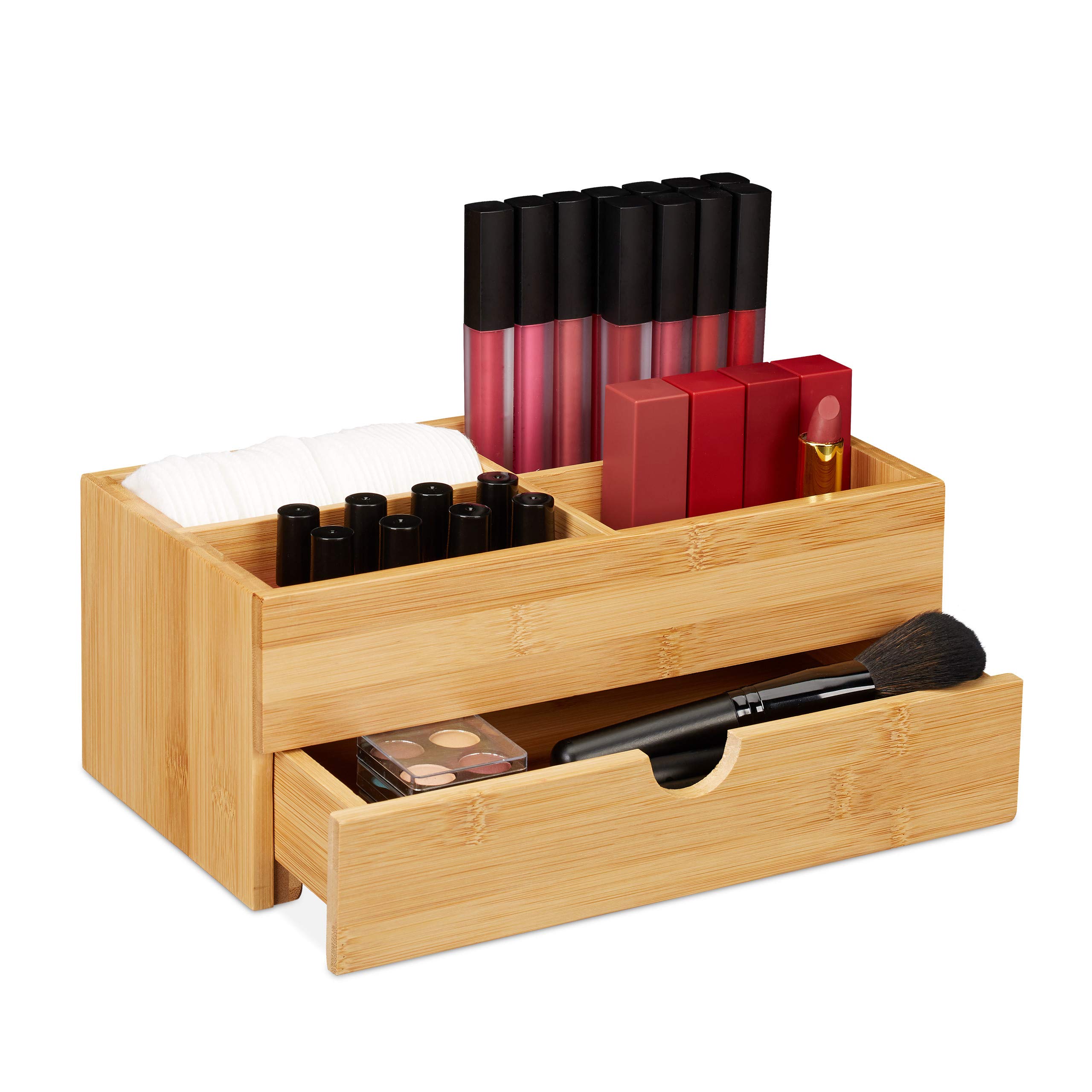 Relaxdays Organizer in Bambù per Cosmetici, Porta Trucchi, Multifunzione, 4 Scomparti e 1 cassetto, Legno Naturale