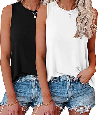 KKJ 2 Pack Womens Tank Tops Workout Tees Summer Clothes Fashion Outfits Crew Neck Sleeveless Loose Fit Fall Casual Shirts