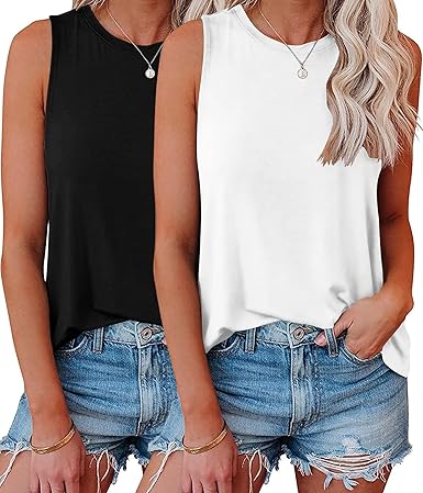 KKJ 2 Pack Womens Tank Tops Workout Tees Summer Clothes Fashion Outfits Crew Neck Sleeveless Loose Fit Fall Casual Shirts