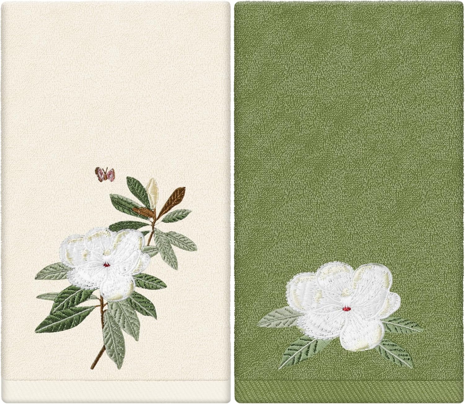 JarThenaAMCS 2 Pack Magnolia Embroidered Hand Towels - Sage Green Nude Cotton Kitchen Bathroom Towels, Soft Absorbent 29.5x13.7 Inch