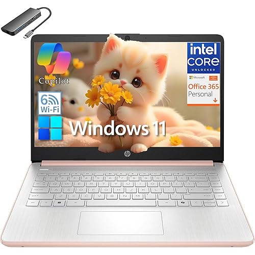 HP 14" Student Business Laptop Computer, Intel N150 CPU (Beat i3-1115G4), 4GB DDR4 RAM, 256GB Storage (128GB UFS + 128GB MSD), WiFi 6, BT 5.4, 1-Year Office365, Win11 Home S, Pale Rose Gold, USB C Hub