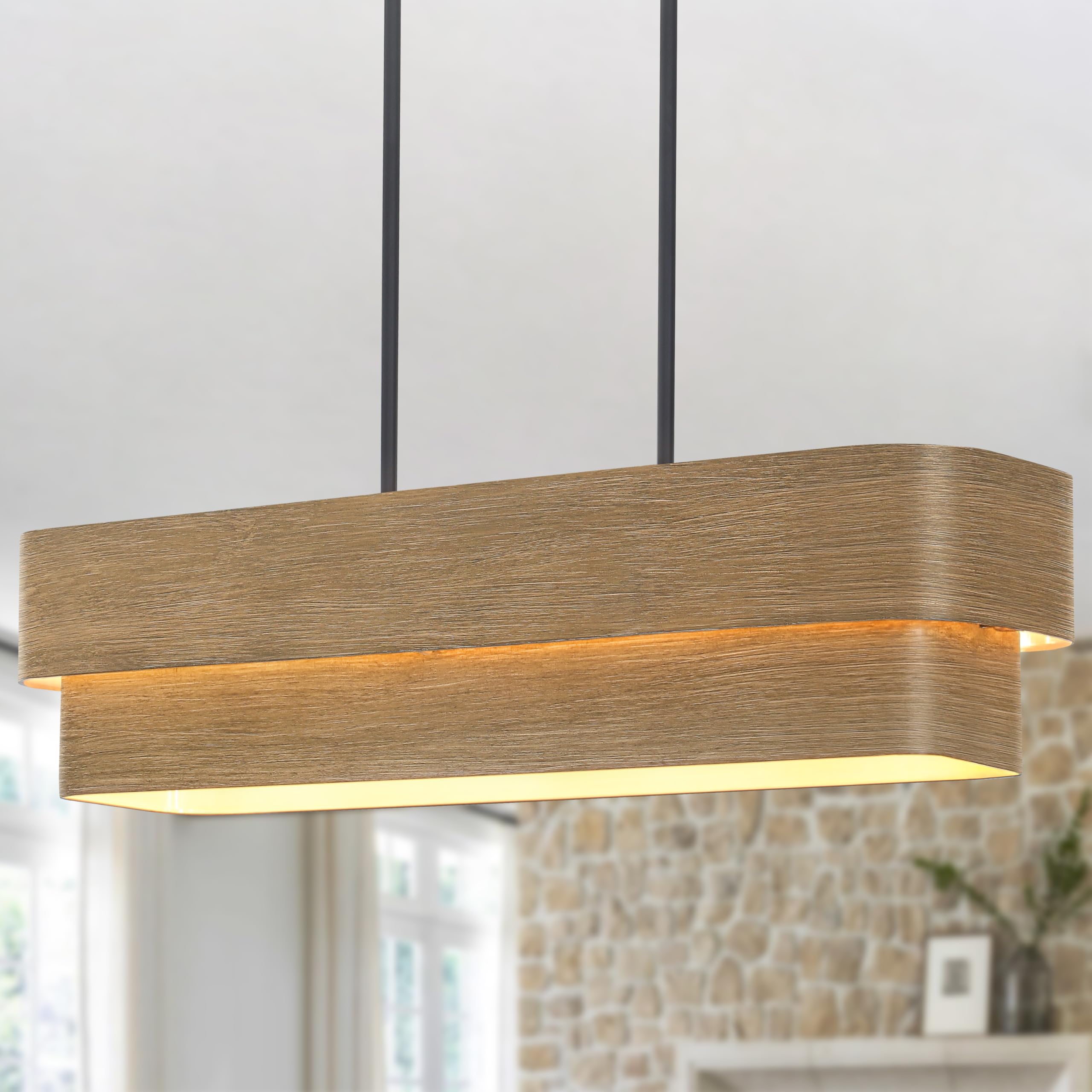 NZZDYI 37.5 Inch Farmhouse Wood Texture Rectangle Chandelier | 4