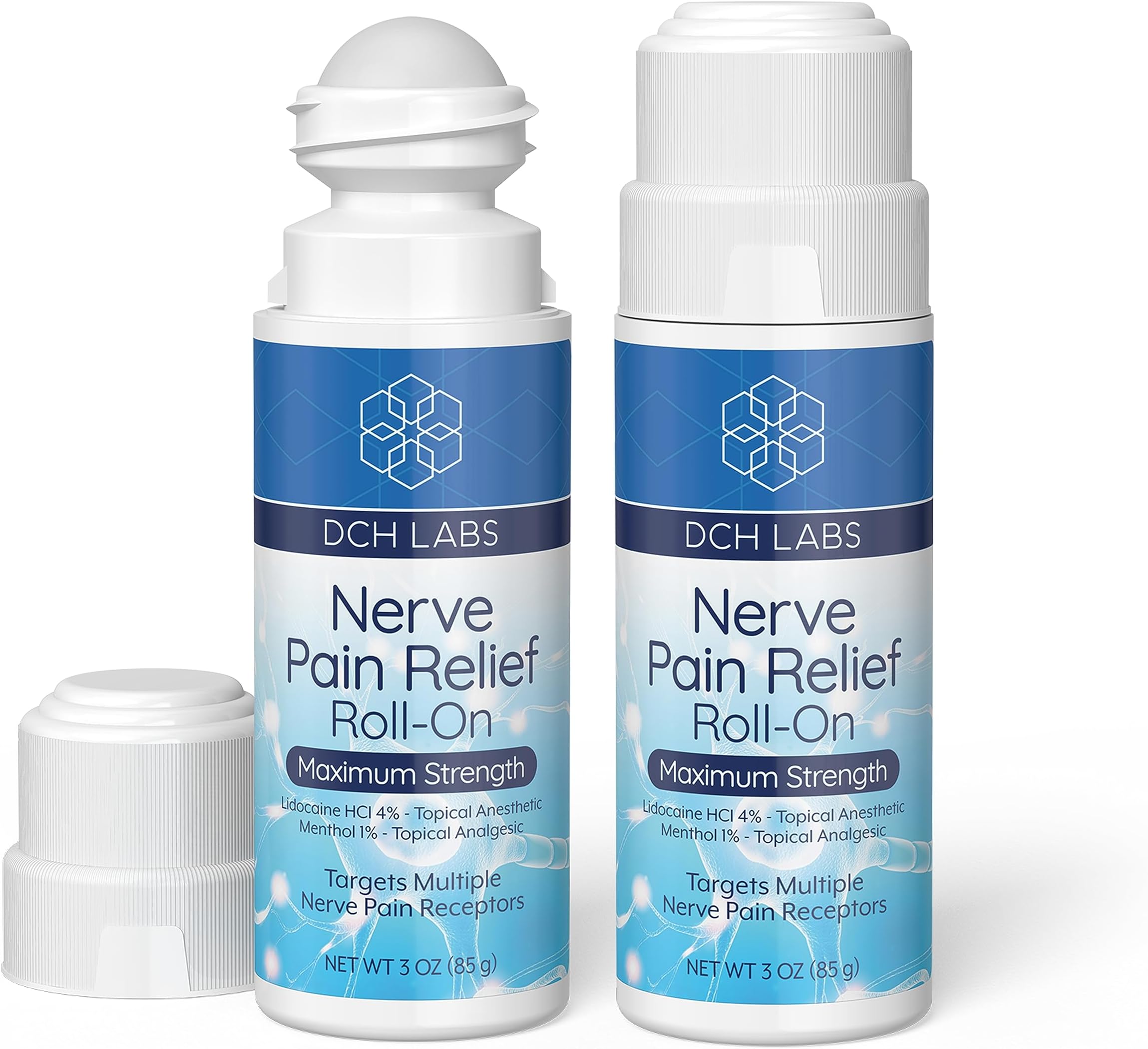 DCH Nerve Pain Relief Roll-On, Maximum Strength Lidocaine & Menthol, with Arnica & Aloe for Relief in Toes, Feet, Hands & Legs, Ideal for Neuropathy, 3 oz (2-Pack)