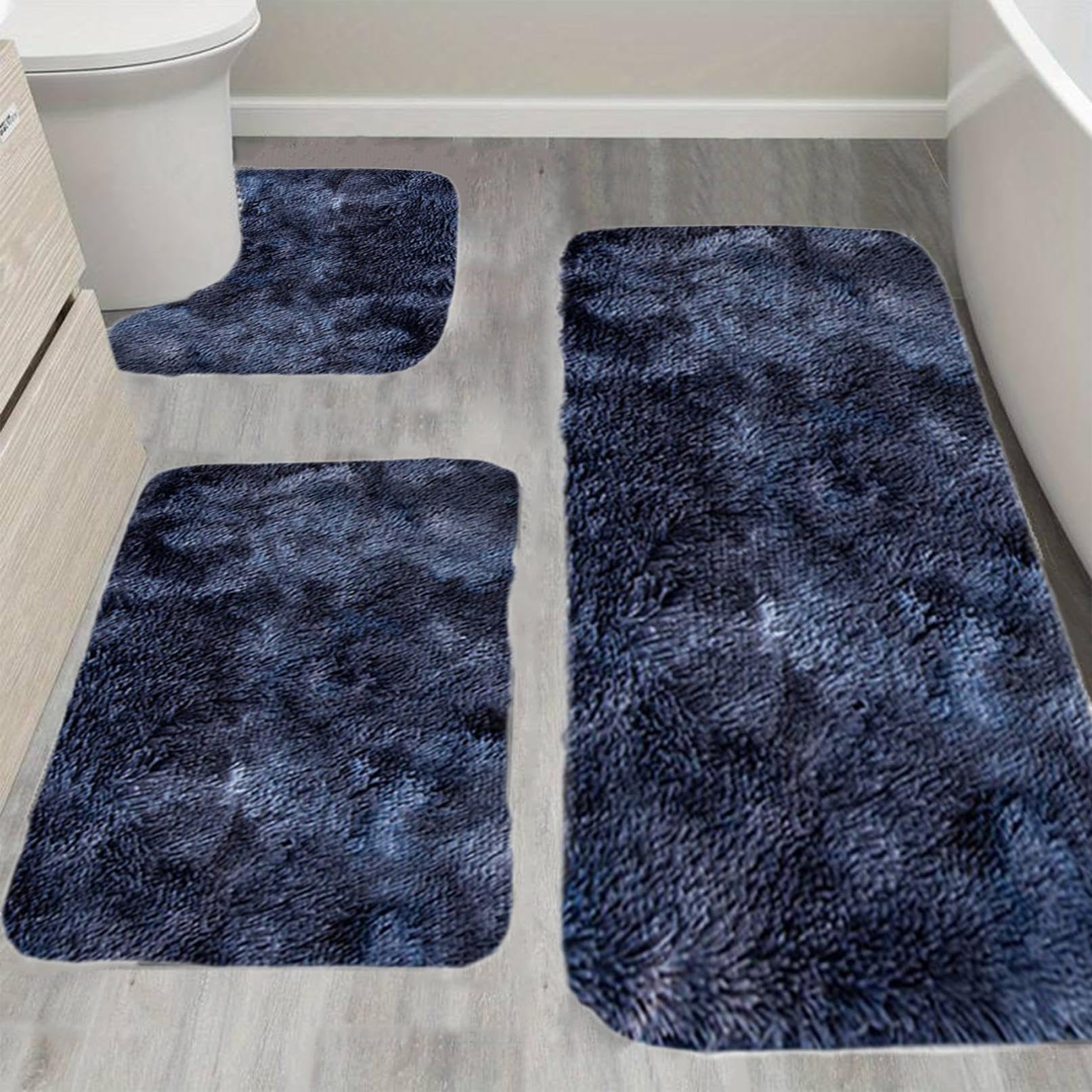 Bath Mat Set 3 Piece - Thick Bathroom Rug Soft Bath Mat For Bathroom Non Slip Machine Washable Toilet Carpet Microfiber Absorbent Bath Rug For Bath Room, Shower, Bathtub (Dark Blue)