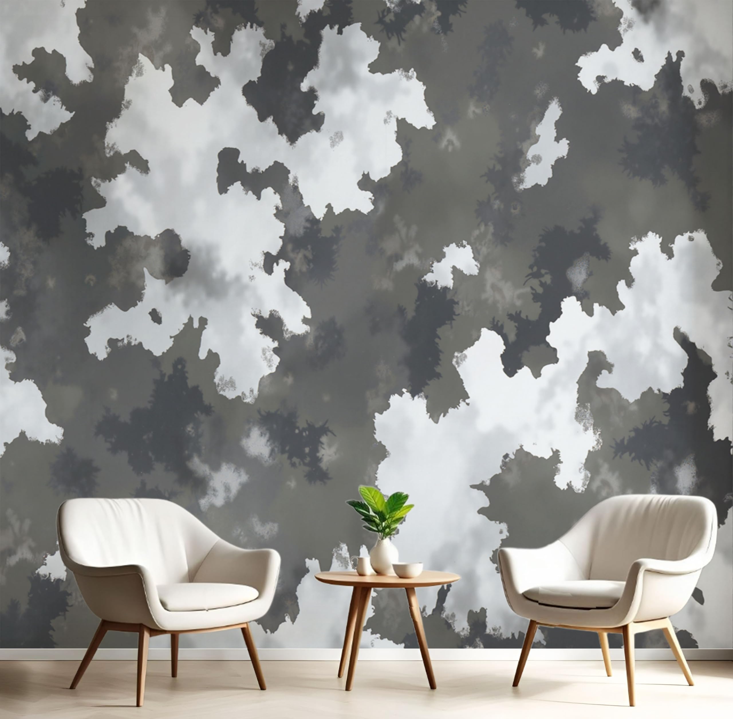 Papier peint salon et chambre d'enfant camouflage abstrait gris 150x105 cm