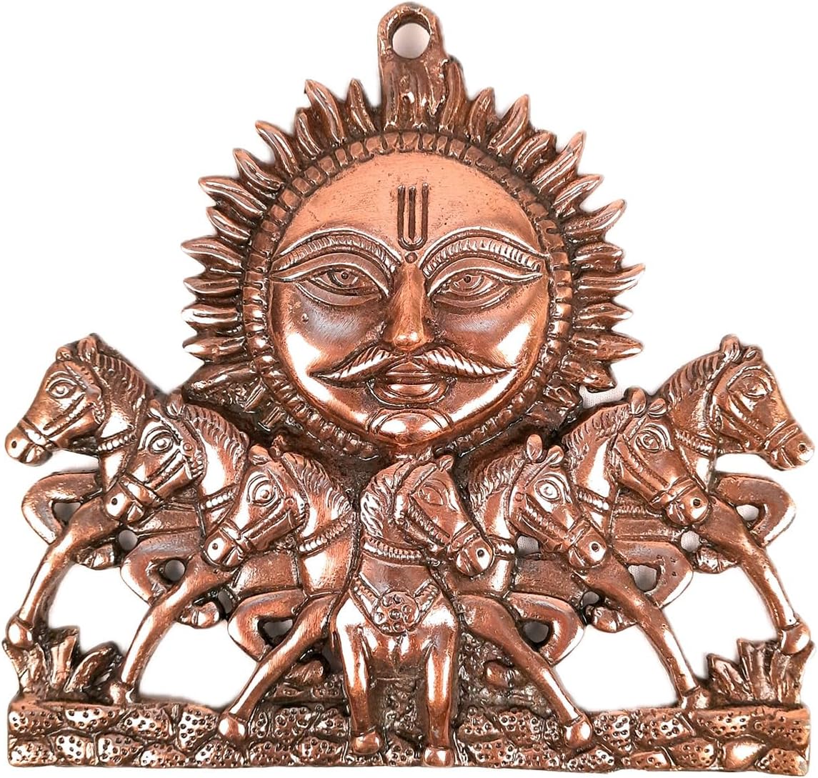 Sun God with Seven / 7 Running Horses Wall Hanging - For Vastu, Home, Living Room, Entrance & Gift - 8 Inch (Metal - Alloy, Color - Copper Shade)