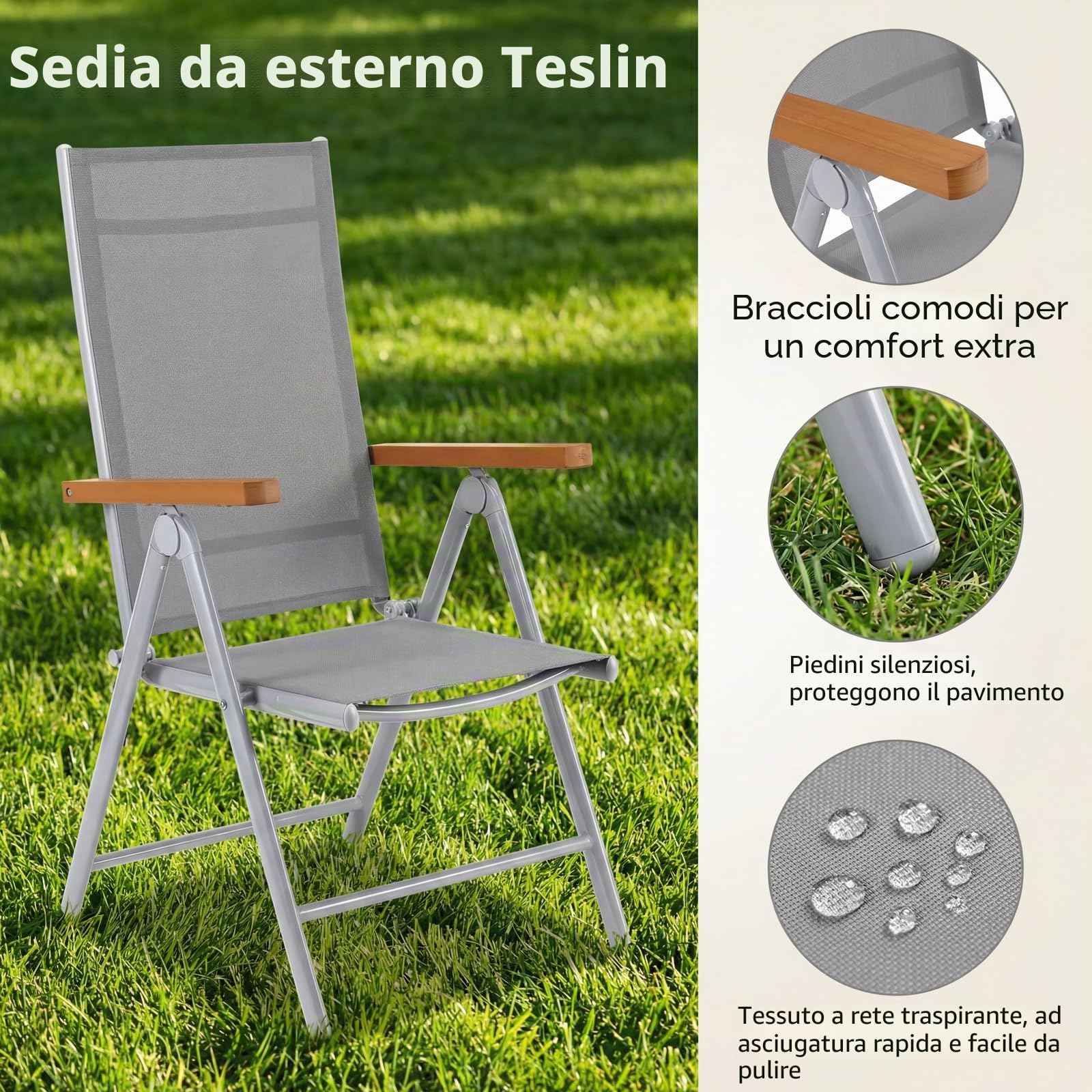 LIFERUN Set Giardino Esterno 3 Pezzis, Aluminium Tavolo da Giardino con Sedie, Tavolo e Sedie da Balcone, 2 Sedie Pieghevoli e Tavolino 75x75 cm, Salottino da Giardino, Marrone Teak+Grigio Chiaro