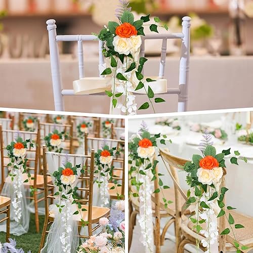 Miniatura 4 de Decoraciones de pasillo de boda, 8 unidades, flores artificiales para boda, ceremonia, fiesta, decoración de sillas con cintas de gasa (blanco)