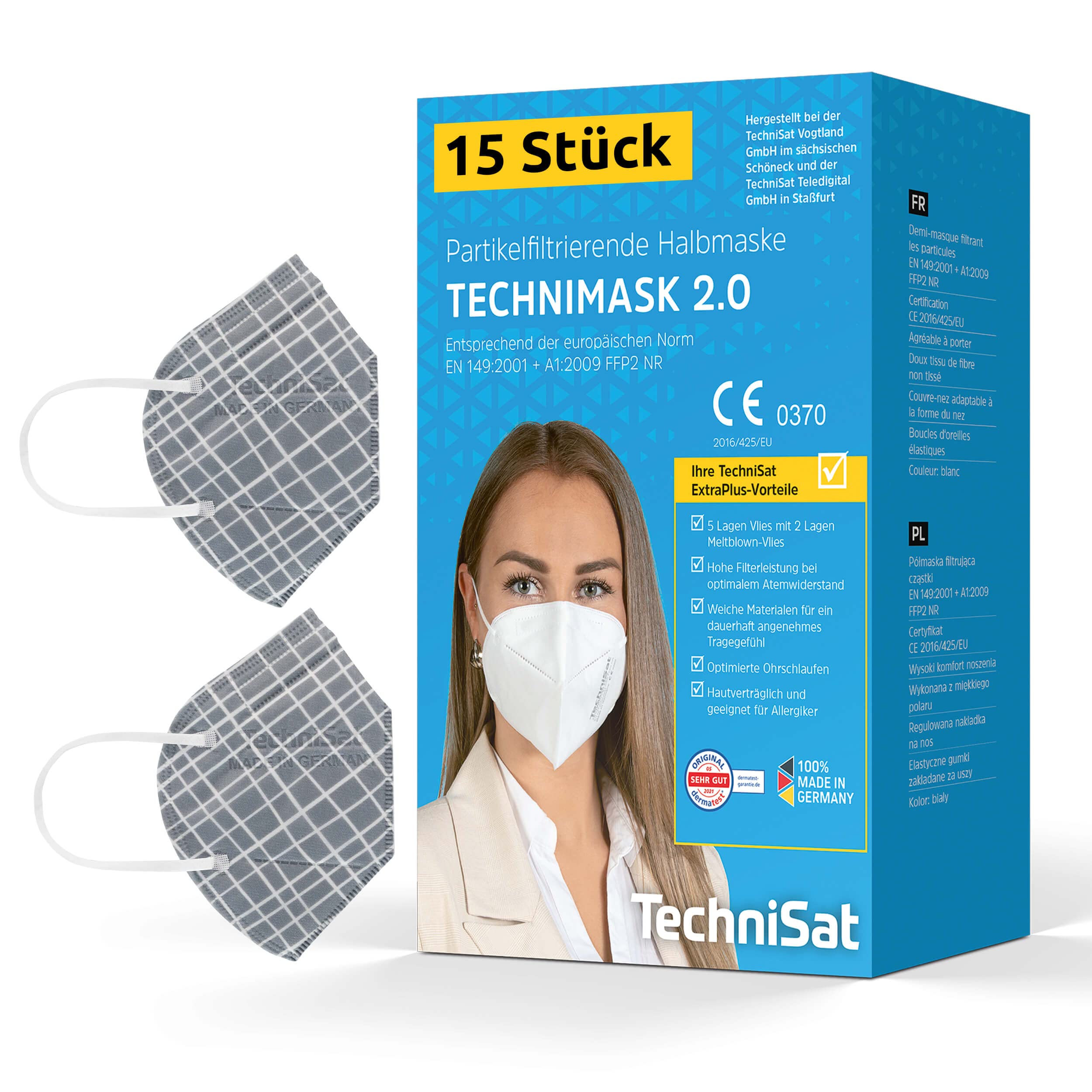 TechniSat TECHNIMASK 2.0 - FFP2 Maske (5-lagige Gesichtsmaske mit hochwertigem Vlies, Mund- und Nasen-Bedeckung, dermatologisch getestet, Made in Germany) Muster Karo - 15 Stück