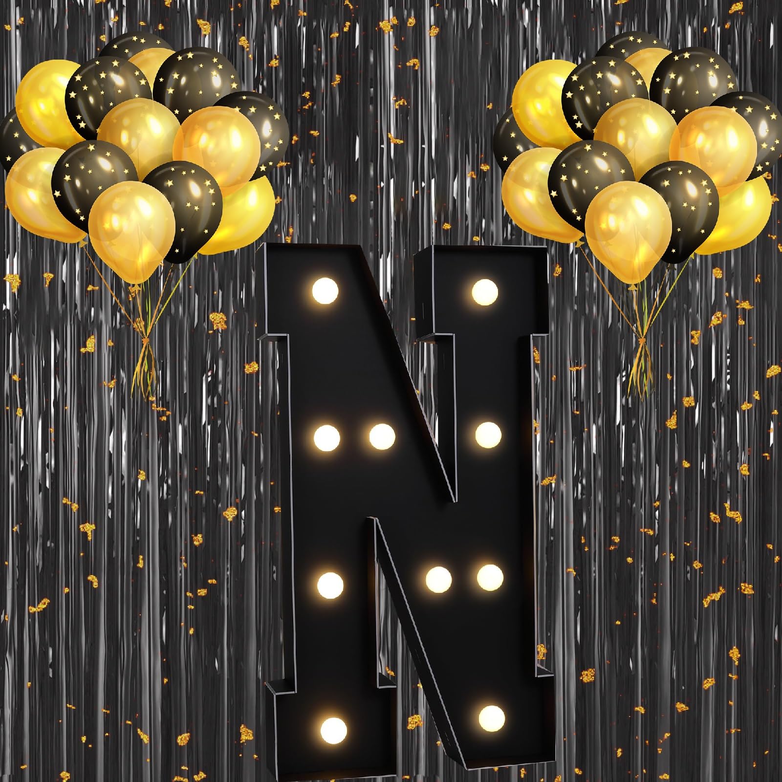 Números iluminados de 1,2 m, Letras Gigantes Negras de marquesina, Mosaico Grande, precortado, for Decoraciones de Fondo de cumpleaños, Fiestas y Aniversarios.(Letter N,4FT)