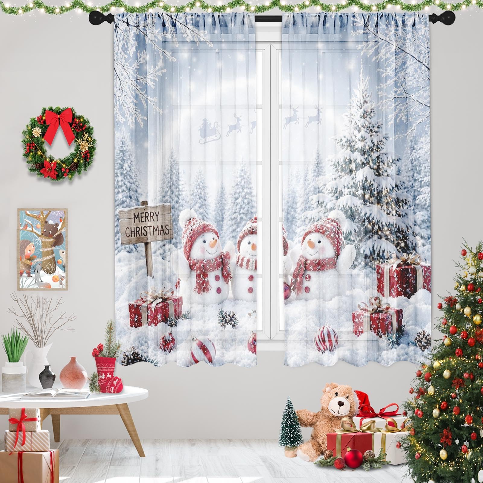 Snow Curtains,Christmas Winter,2 Panels,Sheer,42"x 63",for Window