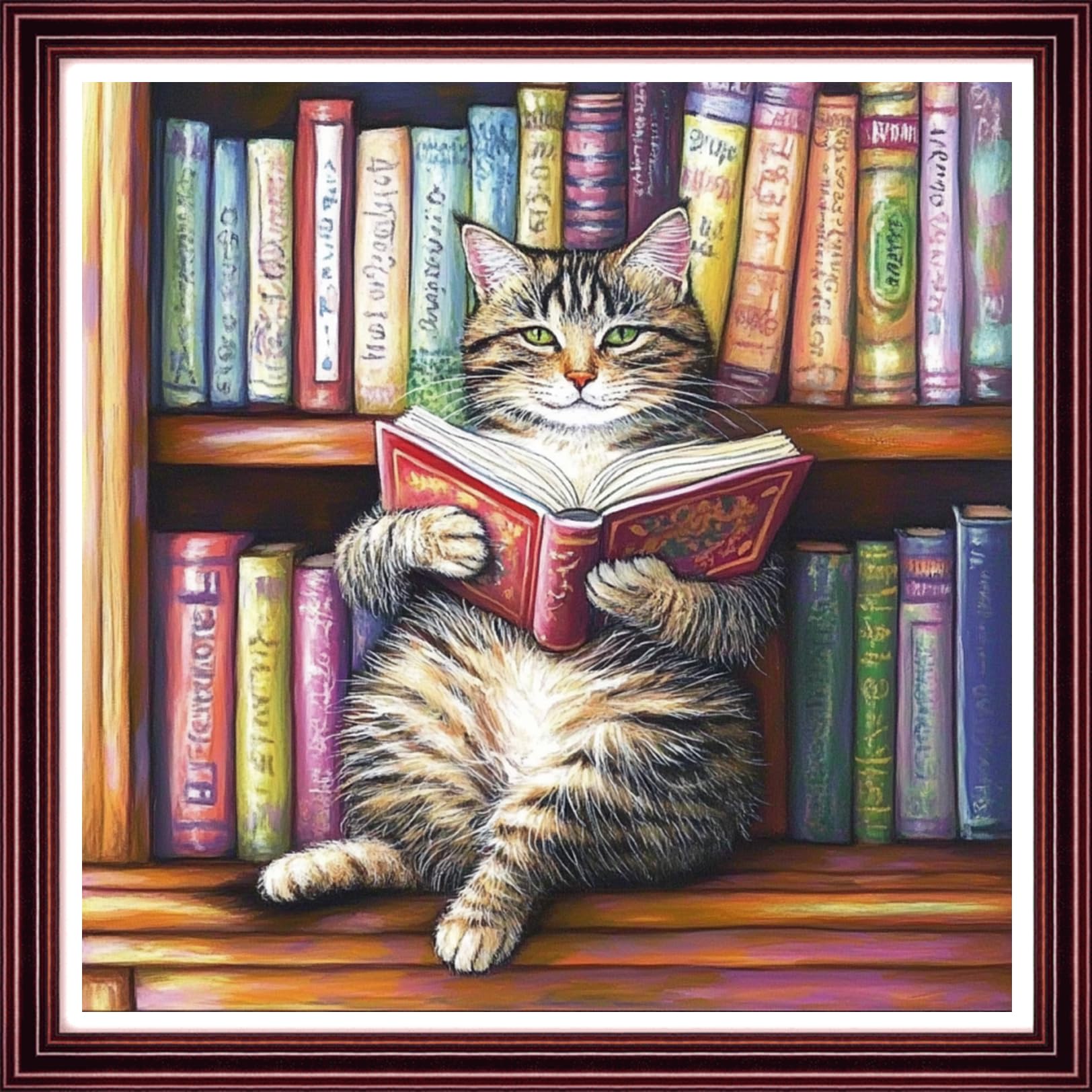 Redxing Stamped Cross Stitch Kits Full Range of Embroidery Starter Kits- Needlepoint Counted Cross Stitch Kits for Beginner Adults 11CT Printed Embroidery Kit-Reading on cat Bookshelf 18x18 inch