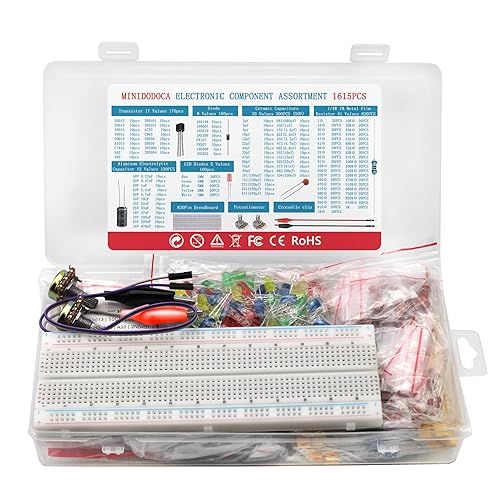 Kit de componentes electrónicos Total 1615 piezas, tabla de pruebas, clip de cocodrilo, diodos LED, resistencias de película metálica, paquete de