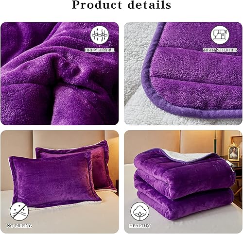 Miniatura 5 de Manta de cama gruesa de franela de lujo de 3 capas, tamaño individual, manta sherpa de terciopelo de felpa suave con 2 fundas de almohada, pesada y